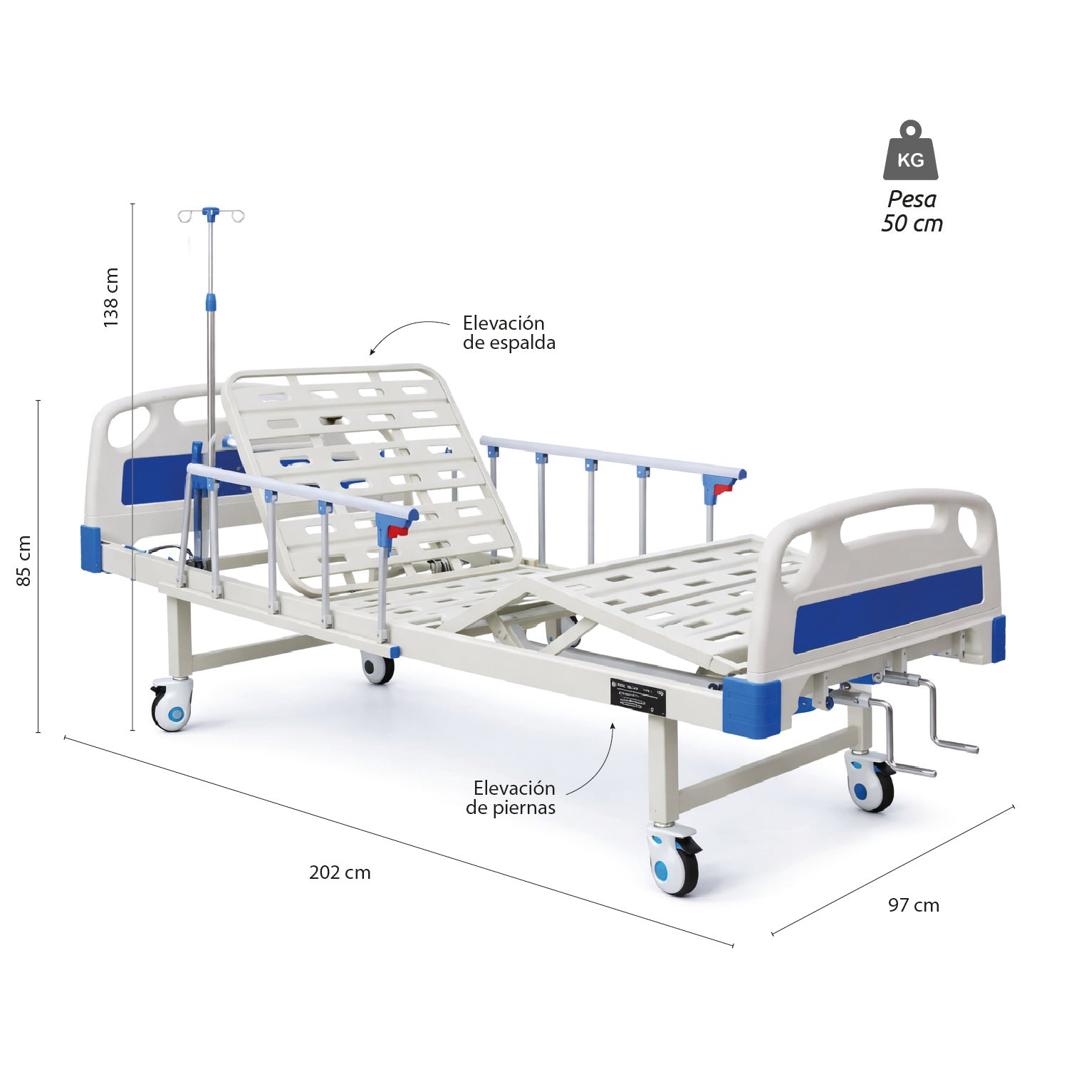 Catre Clínico con Barandas Colchón Porta Suero y Ruedas Reforzadas Acqui