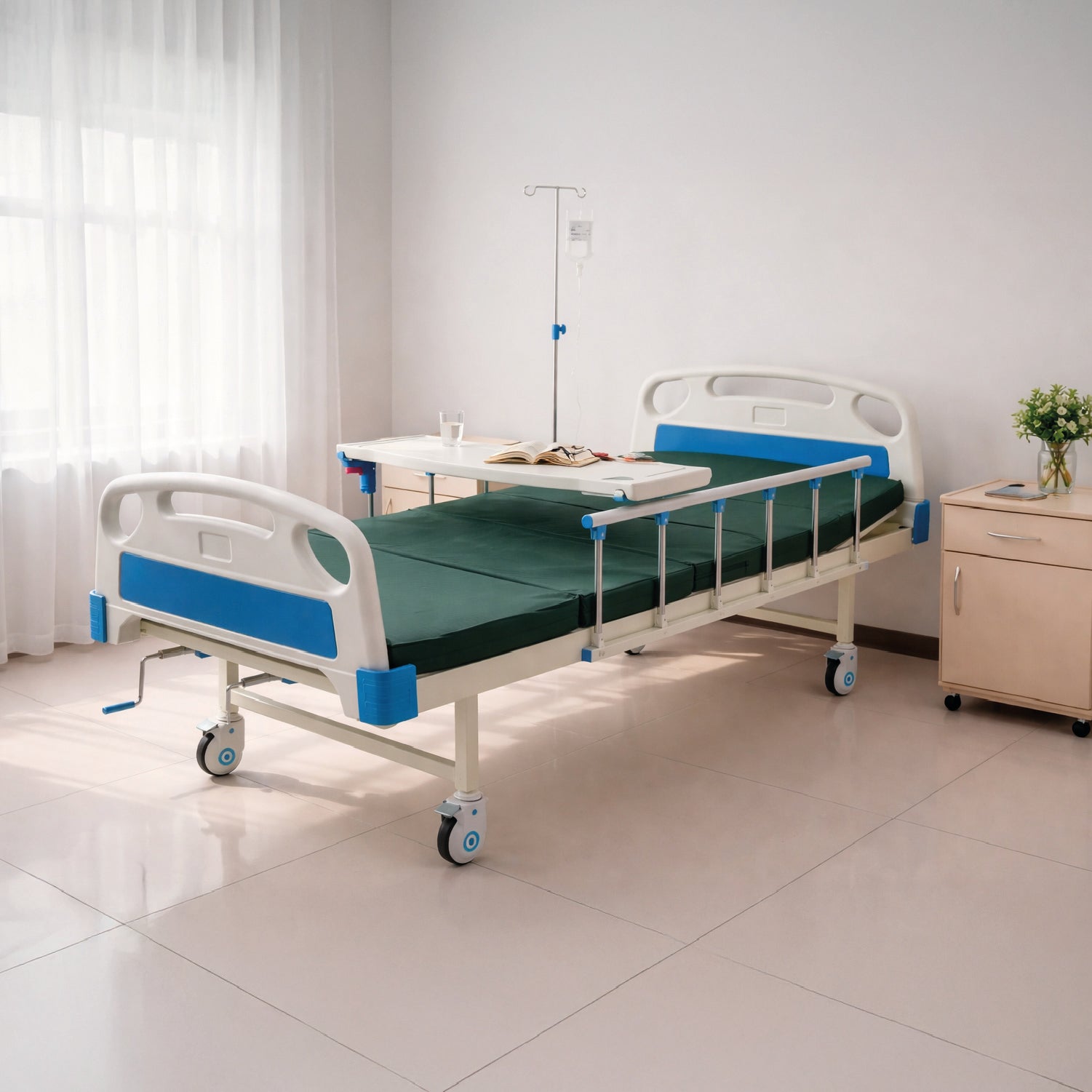 Catre Clínico con Barandas Colchón Porta Suero y Ruedas Reforzadas Acqui